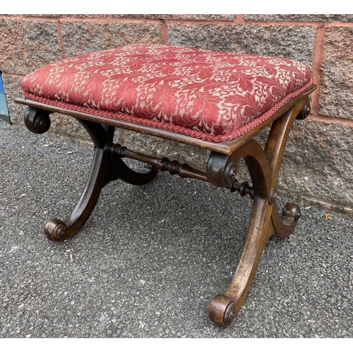 51 - A FRENCH STYLE UPHOLSTERED PIANO STOOL, with wonderfully carved scroll x-frame base supported by tur... 