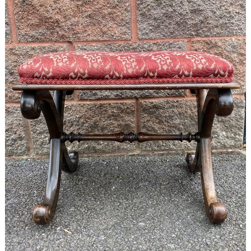 51 - A FRENCH STYLE UPHOLSTERED PIANO STOOL, with wonderfully carved scroll x-frame base supported by tur... 