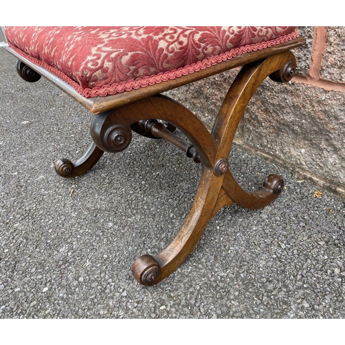 51 - A FRENCH STYLE UPHOLSTERED PIANO STOOL, with wonderfully carved scroll x-frame base supported by tur... 