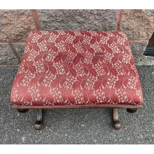 51 - A FRENCH STYLE UPHOLSTERED PIANO STOOL, with wonderfully carved scroll x-frame base supported by tur... 