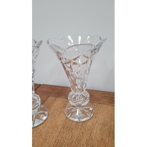 52 - A PAIR OF WATERFORD CRYSTAL BALMORAL VASES, with scalloped rims, along with a Masons Ironstone servi... 