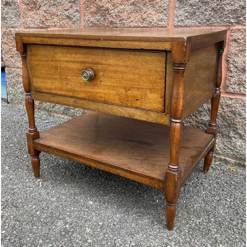 61 - A SQUARE MAHOGANY ONE DRAWER TWO TIER SIDE TABLE, with turned supports, dimensions: 90cm high x 37cm... 