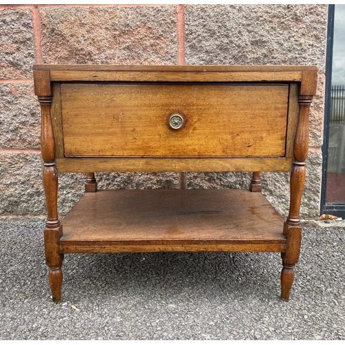 61 - A SQUARE MAHOGANY ONE DRAWER TWO TIER SIDE TABLE, with turned supports, dimensions: 90cm high x 37cm... 