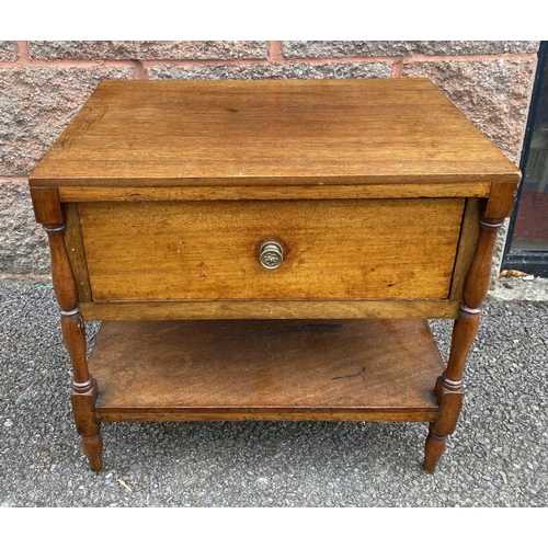 61 - A SQUARE MAHOGANY ONE DRAWER TWO TIER SIDE TABLE, with turned supports, dimensions: 90cm high x 37cm... 