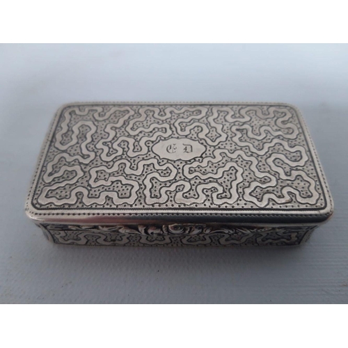 68 - A UNIQUE 19TH CENTURY FRENCH SILVER SNUFF BOX, with monogrammed cartouche to top surrounded by intri... 