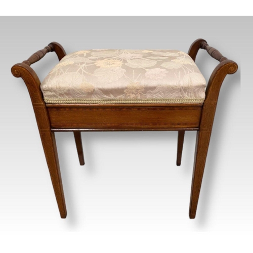 7 - AN INLAID MAHOGANY PIANO SEAT, with cream floral upholstered seat, turned handles, decorated with in... 