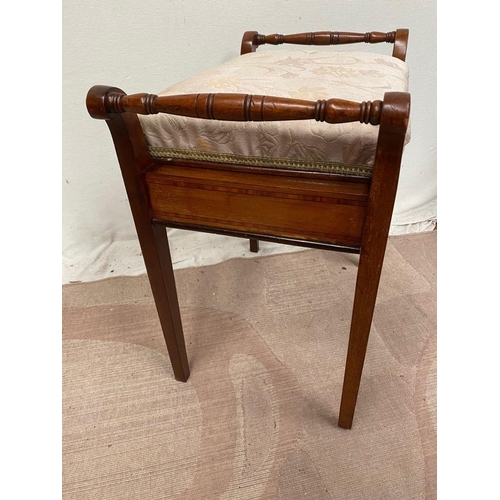 7 - AN INLAID MAHOGANY PIANO SEAT, with cream floral upholstered seat, turned handles, decorated with in... 