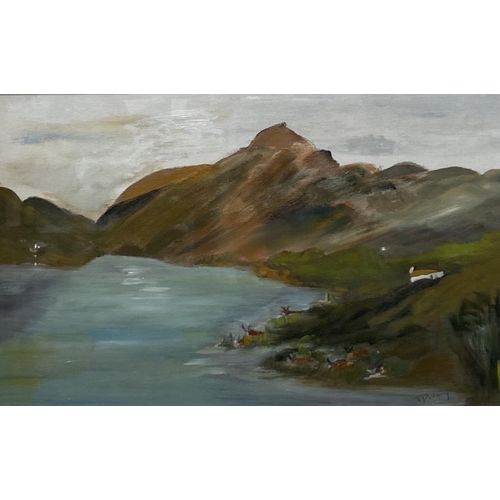 75 - TERRY DELANEY, (IRISH 20TH CENTURY), THE CALM LAKE, oil on canvas board, signed lower right, inscrib... 