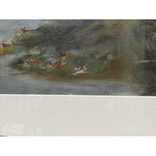 75 - TERRY DELANEY, (IRISH 20TH CENTURY), THE CALM LAKE, oil on canvas board, signed lower right, inscrib... 