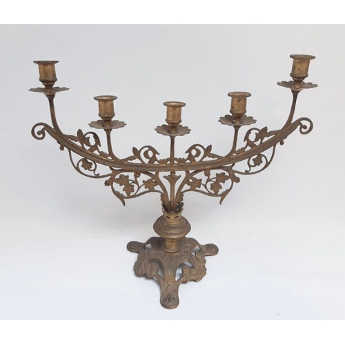 78 - AN ANTIQUE DECORATIVE FIVE BRANCH CANDLEABRA, with decorative floral openwork to stem and shaped bas... 