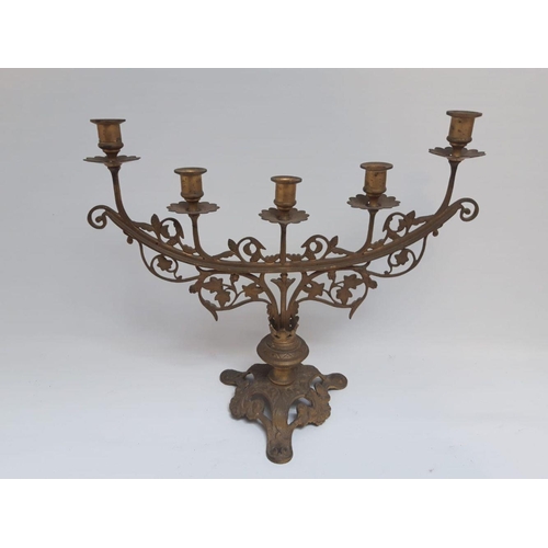 78 - AN ANTIQUE DECORATIVE FIVE BRANCH CANDLEABRA, with decorative floral openwork to stem and shaped bas... 