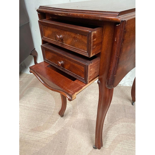 8 - A MAHOGANY DROP-LEAF TABLE, with two panelled drawers to side, standing on cabriole leg with castors... 