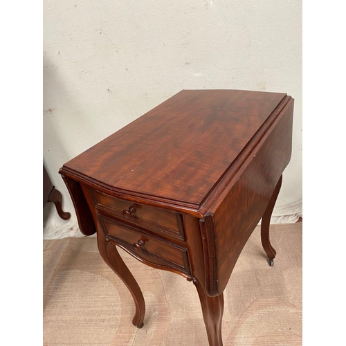 8 - A MAHOGANY DROP-LEAF TABLE, with two panelled drawers to side, standing on cabriole leg with castors... 