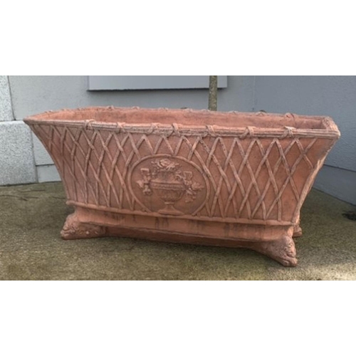 88 - A PAIR OF TERECOTTA GARDEN PLANTERS, tapered rectangular form, with traditional design surrounding, ... 