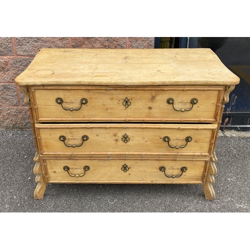 94 - A FRENCH OAK CHEST OF DRAWERS, three drawers with brass handles, with carved supports.