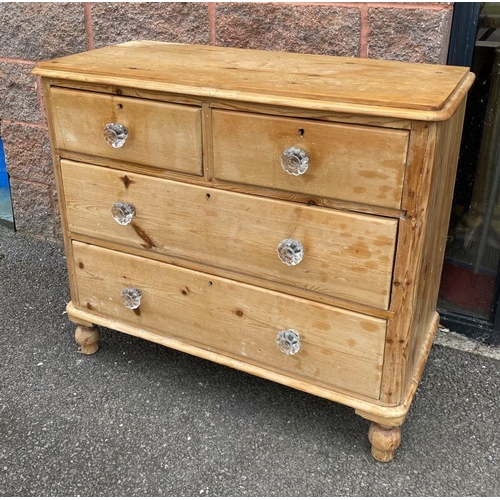 96 - A VICTORIAN PINE CHEST OF DRAWERS, with two drawers over two, all with cut glass handles, raised on ... 