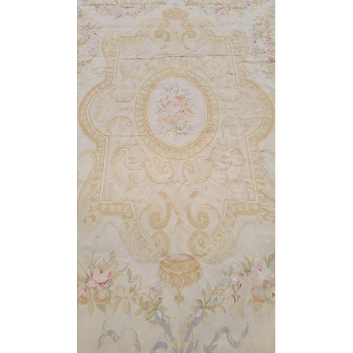 108 - A GOOD QUALITY WOVEN AUBUSSON FLOOR RUG, with a central medallion with floral bouquet, the main body... 