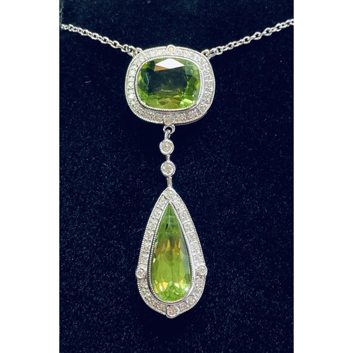 11 - A BEAUTIFUL ART NOUVEAU 18CT WHITE GOLD PERIDOT & DIAMOND PENDANT, a fantastic piece of jewellery cr... 