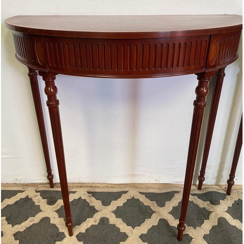 112 - A VERY FINE PAIR OF MAHOGANY & SATINWOOD DEMI LUNE SIDE / CONSOLE TABLES, each with bow shaped front... 