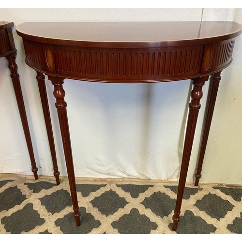 112 - A VERY FINE PAIR OF MAHOGANY & SATINWOOD DEMI LUNE SIDE / CONSOLE TABLES, each with bow shaped front... 