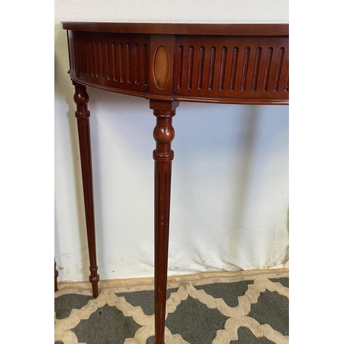 112 - A VERY FINE PAIR OF MAHOGANY & SATINWOOD DEMI LUNE SIDE / CONSOLE TABLES, each with bow shaped front... 