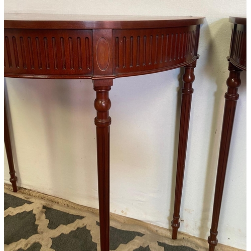 112 - A VERY FINE PAIR OF MAHOGANY & SATINWOOD DEMI LUNE SIDE / CONSOLE TABLES, each with bow shaped front... 