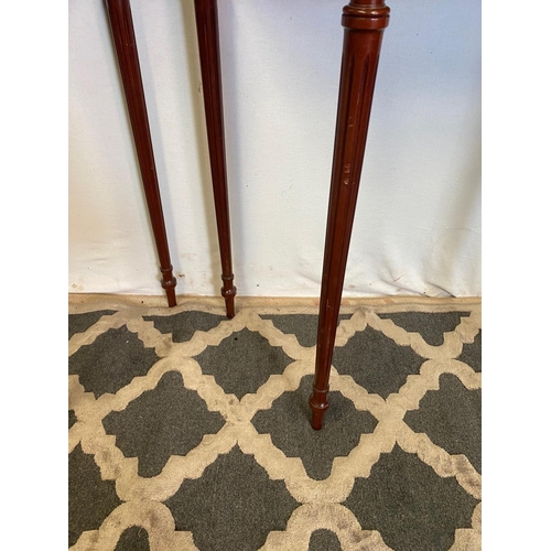 112 - A VERY FINE PAIR OF MAHOGANY & SATINWOOD DEMI LUNE SIDE / CONSOLE TABLES, each with bow shaped front... 