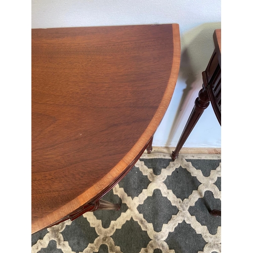 112 - A VERY FINE PAIR OF MAHOGANY & SATINWOOD DEMI LUNE SIDE / CONSOLE TABLES, each with bow shaped front... 