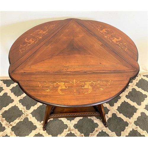 12 - A VERY FINE EDWARDIAN ROSEWOOD TRIANGULAR SHAPED DROP-LEAF TABLE, this unusually shaped table has fa... 