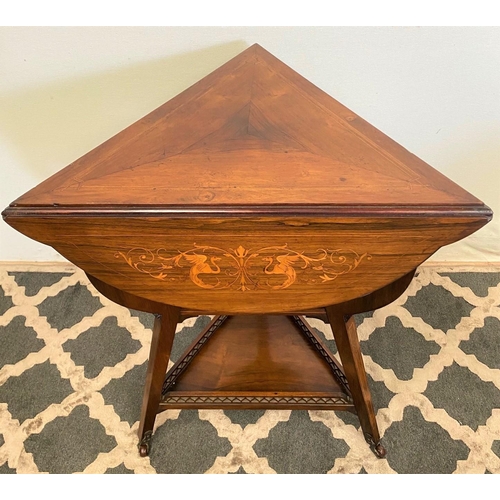 12 - A VERY FINE EDWARDIAN ROSEWOOD TRIANGULAR SHAPED DROP-LEAF TABLE, this unusually shaped table has fa... 