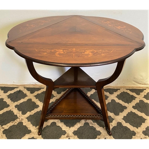 12 - A VERY FINE EDWARDIAN ROSEWOOD TRIANGULAR SHAPED DROP-LEAF TABLE, this unusually shaped table has fa... 