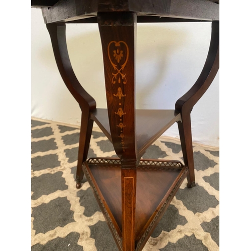 12 - A VERY FINE EDWARDIAN ROSEWOOD TRIANGULAR SHAPED DROP-LEAF TABLE, this unusually shaped table has fa... 