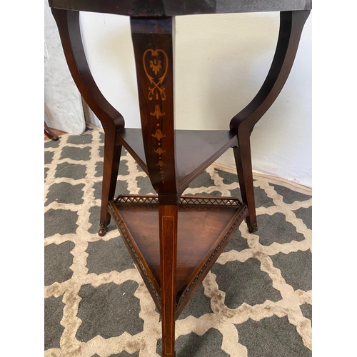 12 - A VERY FINE EDWARDIAN ROSEWOOD TRIANGULAR SHAPED DROP-LEAF TABLE, this unusually shaped table has fa... 