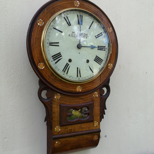 123 - A GOOD QUALITY IRISH WALNUT & MOTHER PEARL WALL CLOCK, by J. Breen, Killarney. Eight-day wall clock.... 