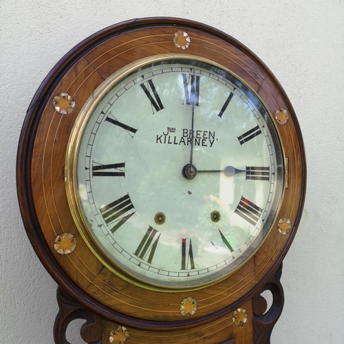 123 - A GOOD QUALITY IRISH WALNUT & MOTHER PEARL WALL CLOCK, by J. Breen, Killarney. Eight-day wall clock.... 