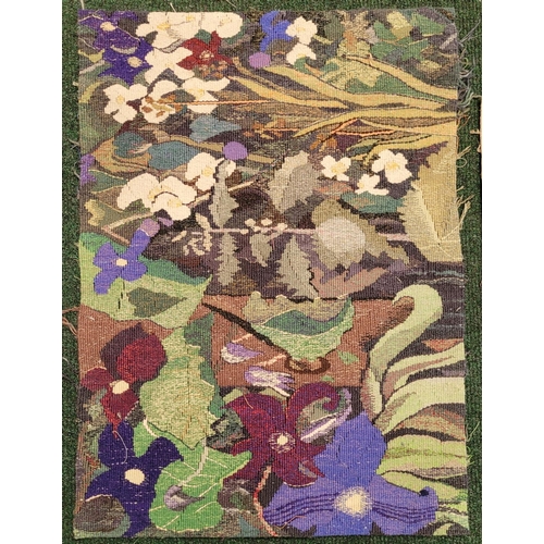 133 - TWO ARTS & CRAFTS WOVEN PICTURE PANELS. (i) The larger is a floral and still life scene, with variou... 