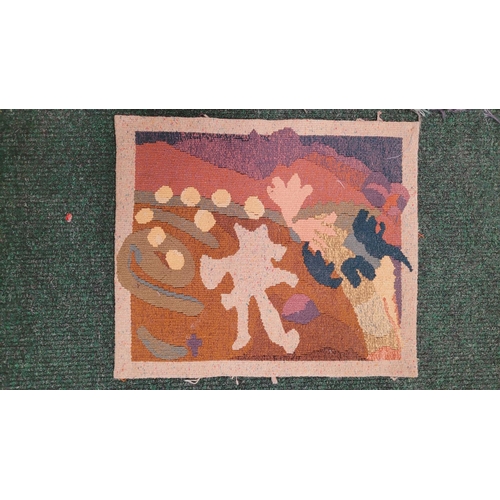 133 - TWO ARTS & CRAFTS WOVEN PICTURE PANELS. (i) The larger is a floral and still life scene, with variou... 