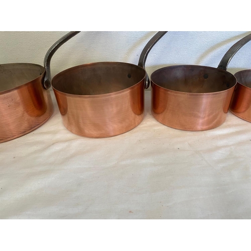 136 - A SET OF 7 MATCHING CHEFS COPPER SAUCEPANS.