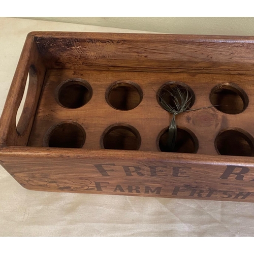 138 - A PINE EGG HOLDER BOX, with ‘Free Range Farm Fresh Eggs’ text to the front and egg illustrations, to... 