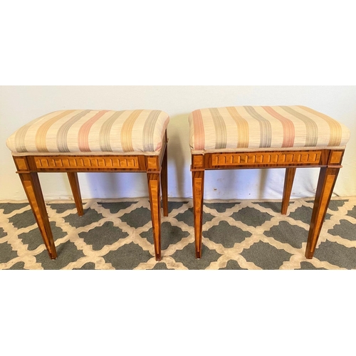 14 - A VERY FINE PAIR OF ROSEWOOD & SATINWOOD INLAID STOOLS, the stuffed over seats sit above the finely ... 