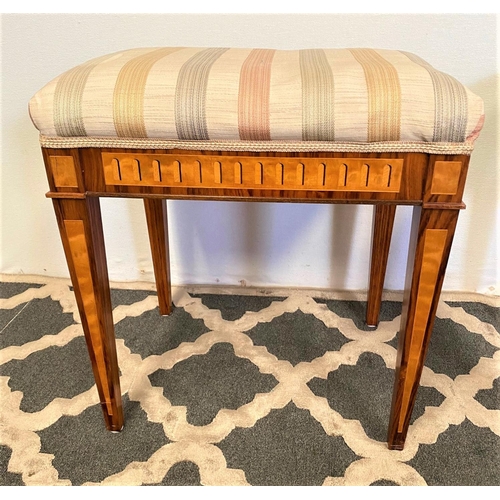 14 - A VERY FINE PAIR OF ROSEWOOD & SATINWOOD INLAID STOOLS, the stuffed over seats sit above the finely ... 