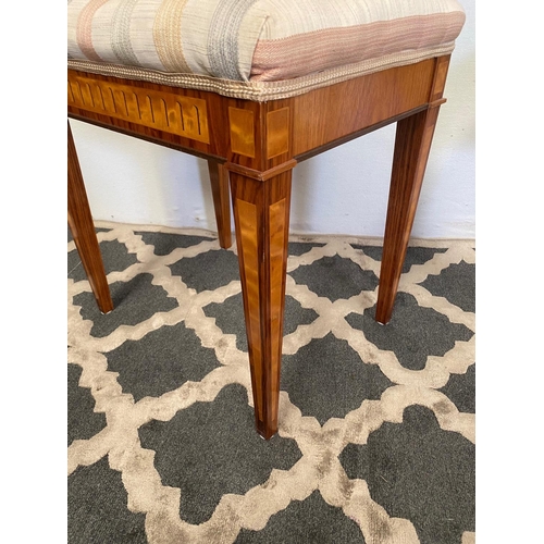 14 - A VERY FINE PAIR OF ROSEWOOD & SATINWOOD INLAID STOOLS, the stuffed over seats sit above the finely ... 