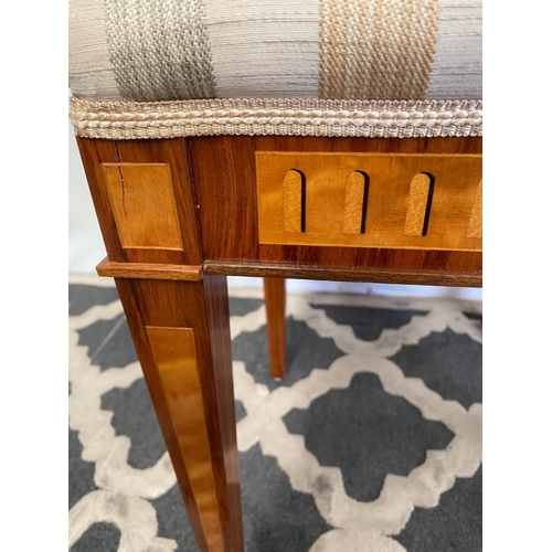 14 - A VERY FINE PAIR OF ROSEWOOD & SATINWOOD INLAID STOOLS, the stuffed over seats sit above the finely ... 