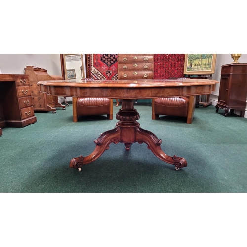 15 - A VERY GOOD QUALITY LATE 19TH CENTURY BURR WALNUT TIP UP DINING / BREAKFAST / CENTRE TABLE, with ser... 