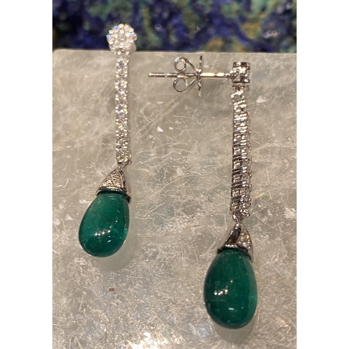 151 - A BEAUTIFUL PAIR OF EMERALD & DIAMOND DROP EARRINGS, 18ct white gold setting with a cabochon cut nat... 