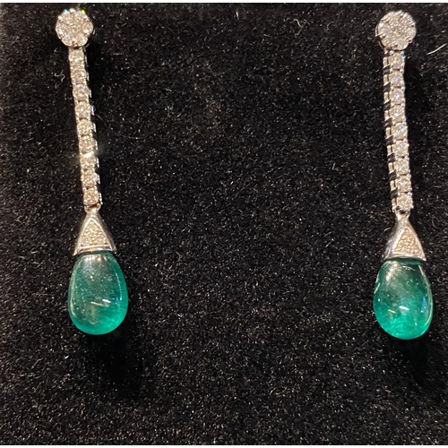 151 - A BEAUTIFUL PAIR OF EMERALD & DIAMOND DROP EARRINGS, 18ct white gold setting with a cabochon cut nat... 