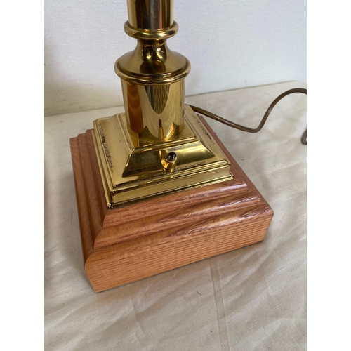 155 - A PAIR OF BRASS TABLE LAMPS IN THE STYLE OF CHANDLE STICKS, on a wooden base. 50cm tall. No shade.