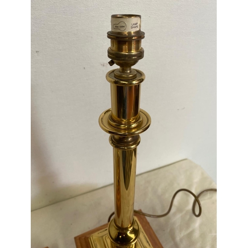 155 - A PAIR OF BRASS TABLE LAMPS IN THE STYLE OF CHANDLE STICKS, on a wooden base. 50cm tall. No shade.