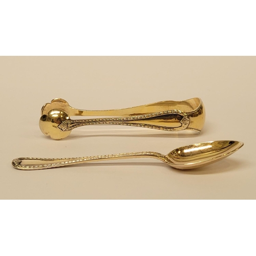 166 - A MIXED SILVER LOT; includes: (i) A 19th Century French gilt silver sugar spoon & tongs set, each wi... 