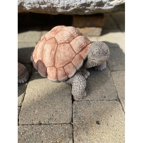 208 - A VERY SWEET PAIR OF GARDEN ORNAMENTS IN THE FORM OF TWO TORTOISES, with rounded brown coloured shel... 